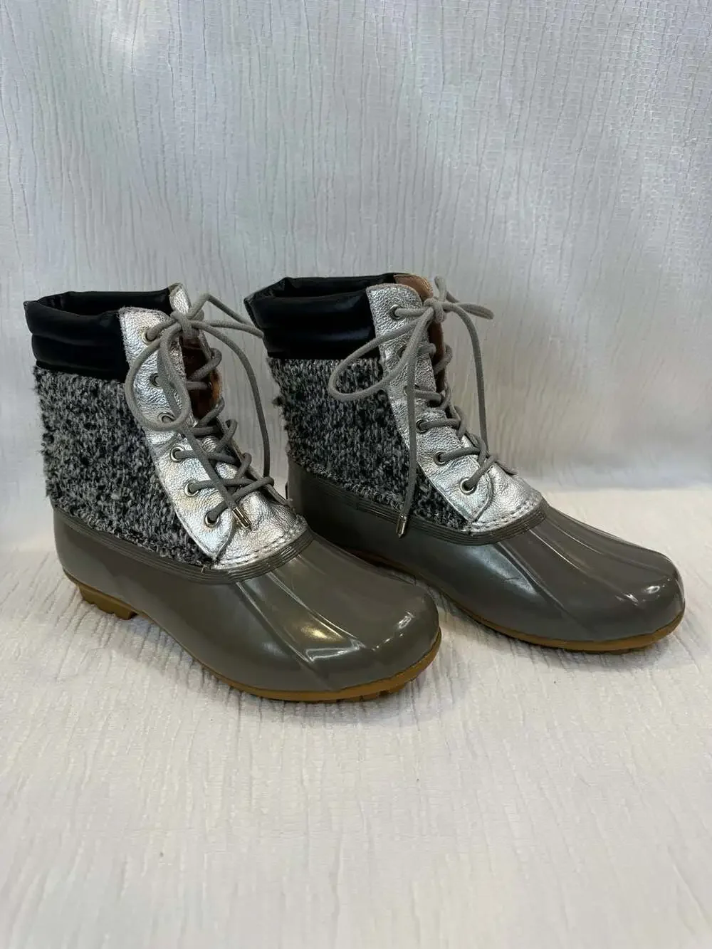 Sam Edelman Gray Duck Rain Boots Tweed Metallic Lace Up Women’s Size 6